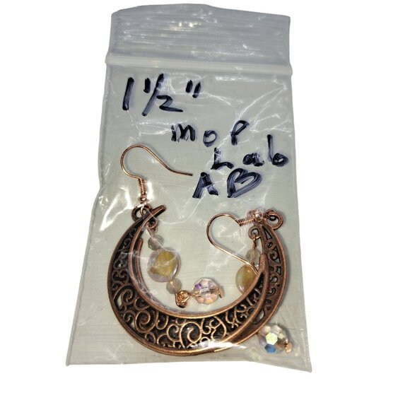 Copper crescent earrings mother of pearl labradorite AB crystal handmade - Picture 8 of 8
